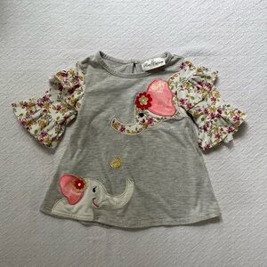 Rare Editions Elephant Gray and Pink Short Sleeve Top with Floral Sleeves